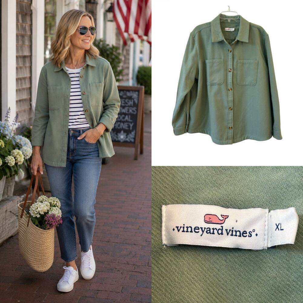 Vineyard Vines Women’s Sage Green Knit Shacket Shirt Jacket XL Button Front